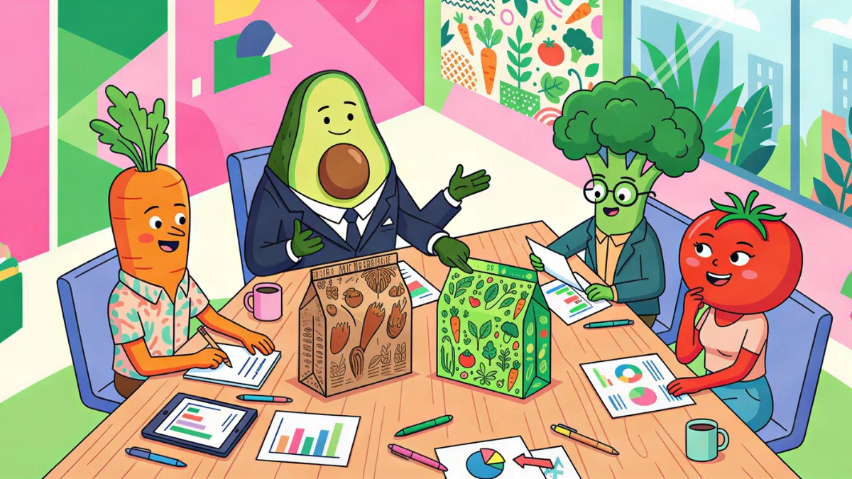La parola vegan nel marketing e nel business Riunione di marketing tra personaggi vegetali per il posizionamento di prodotti vegan